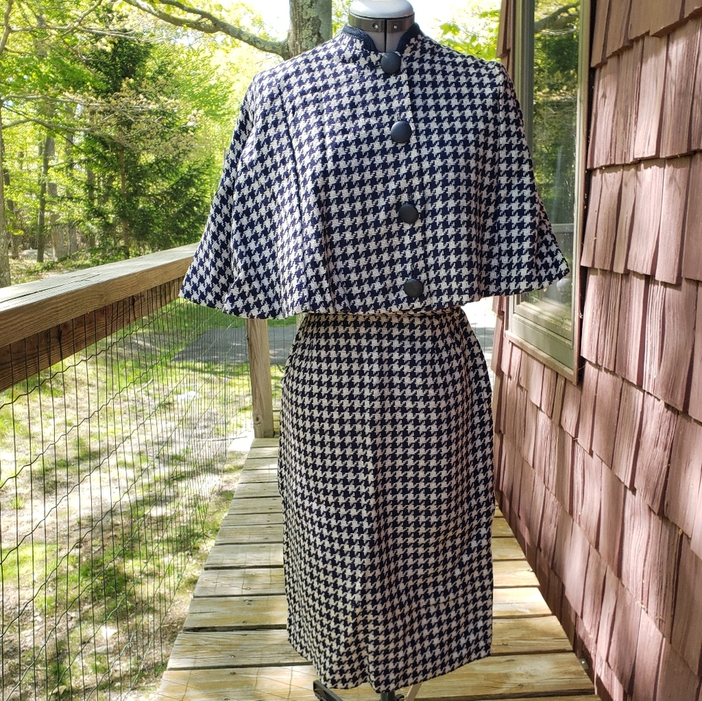 Vintage 1960s Knit Navy Blue Skirt Set Cape Sleeve